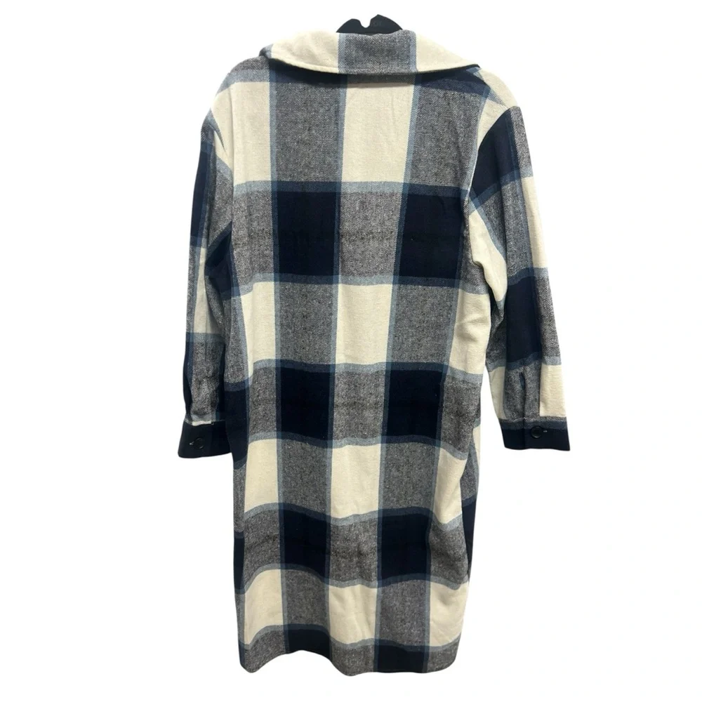 Flannel Plaid Shacket Buttondown Dress Long Coat Navy White Tartan Medium - Picture 3 of 7